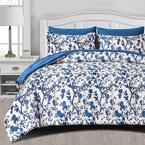 Image of Comforter Set for Queen Bed -7 Pieces Bed in a Bag Soft Microfiber Bed Set Blue Leaves Floral Pattern on White Spring Queen Comforter Sets with Sheets for All Seasons (Queen, Blue)