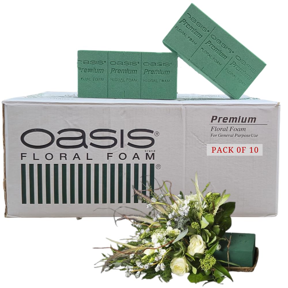 Oasis Pack of 10 Premium Floral Foam Bricks | Green Florist Foam Blocks for Flower Arrangements in Home Décor, Weddings, Events, Festivals & More | Size 9 x 3 x 4 Inches