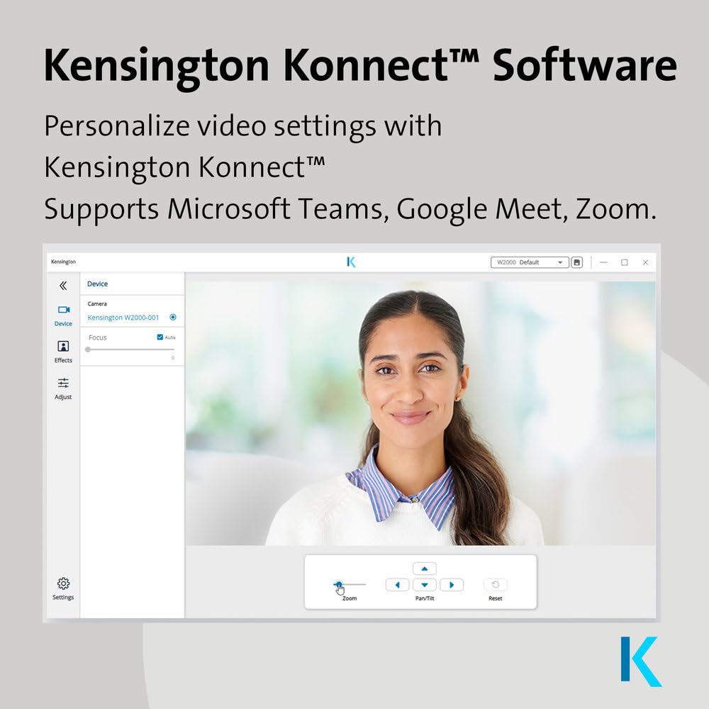 Kensington, Kamera Internetowa 1080p z Obiektywem Wąskokątnym HD Kensington W2000, Autofokus, na USB, Wbudowany Mikrofon z Redukcją Szumów, do Transmisji lub Wideokonferencji (K81175WW)
