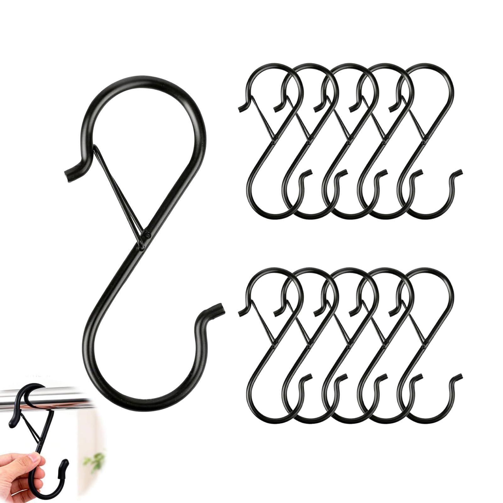 QhgPnt 10-Pack S Hooks for Hanging, Heavy Duty Metal S Shaped Hooks with Safety Buckle, S Shaped Hooks for Lightweight Storage, Drill-Free Kitchen Hooks for Utensils, Towels, Bags and Clothes