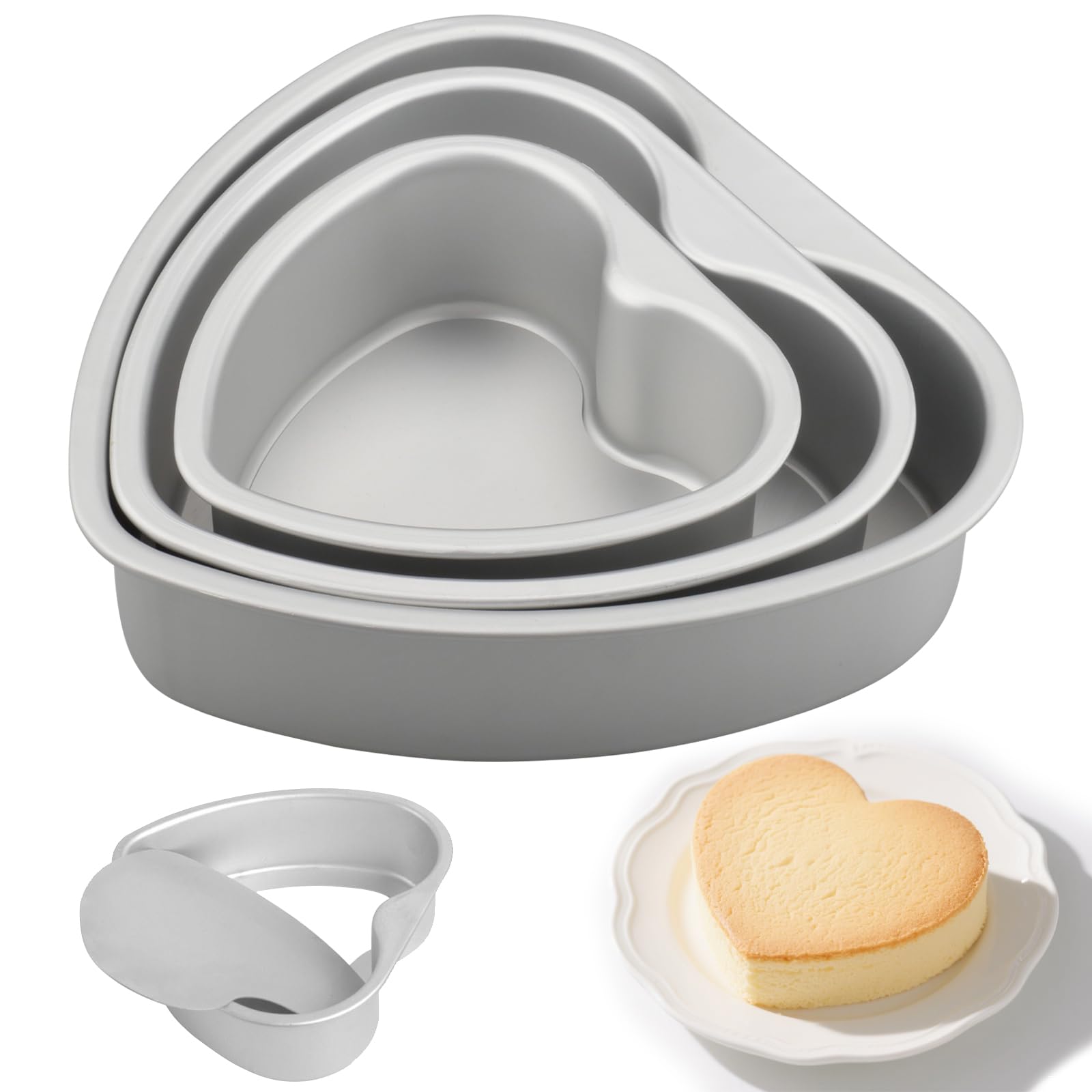 Moules gâteaux coeur en aluminium anodisé antiadhésif - Lot de 3 tailles (6, 8, 10 pouces)