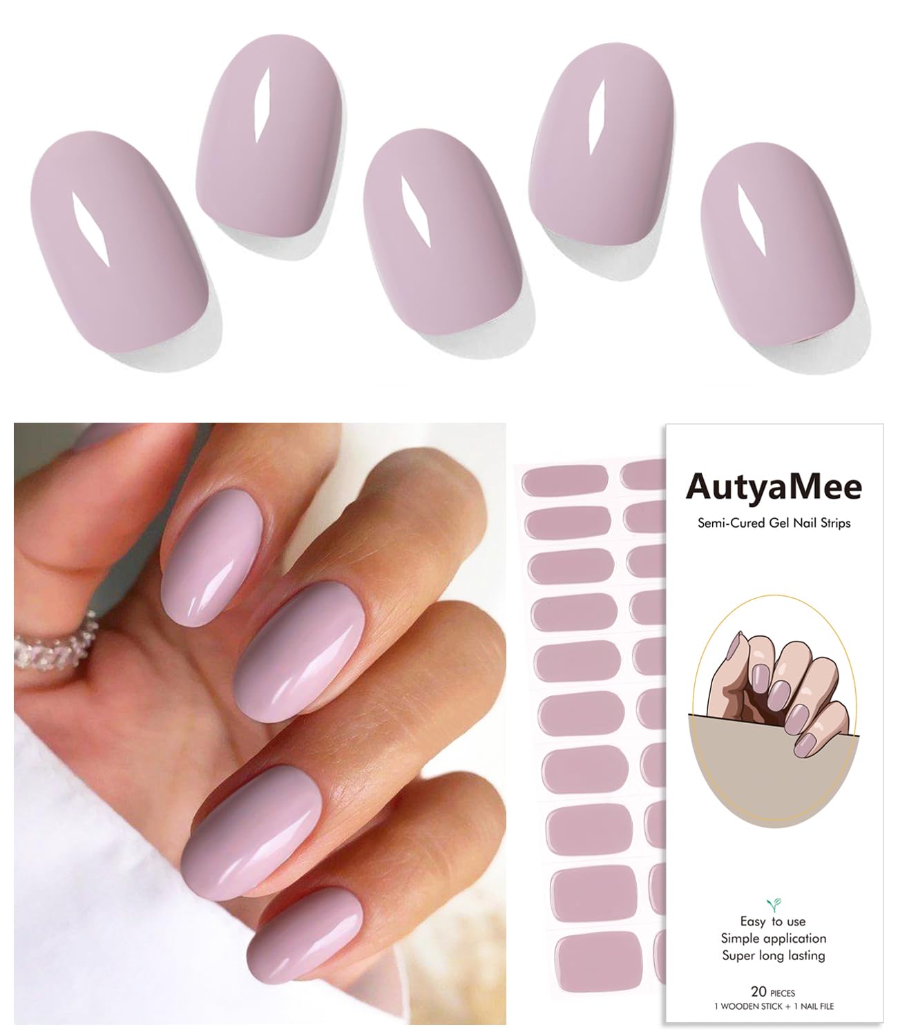 Semi Cured Gel Nail Strips (Nude Purple), 20 Pcs Gel Nail Wraps, Stickers, UV Light Required, Salon Quality, Long Lasting