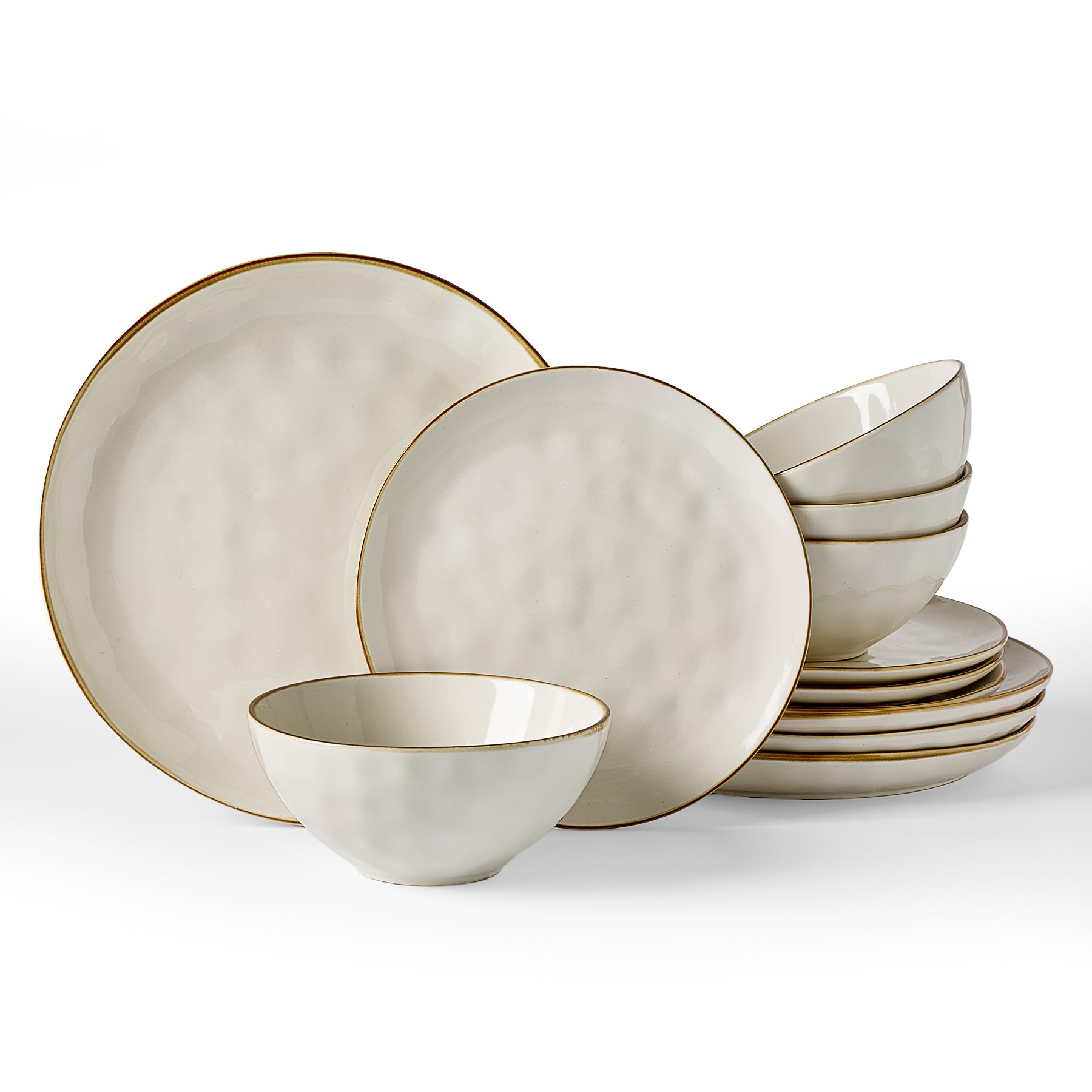 Famiware Geschirrsets für 4 Personen, Ocean Round 12-teilige Küchenteller und Schüssel-Sets, Mikrowellen- und Spülmaschinenfest, Kratzfest, Vanilleweiß
