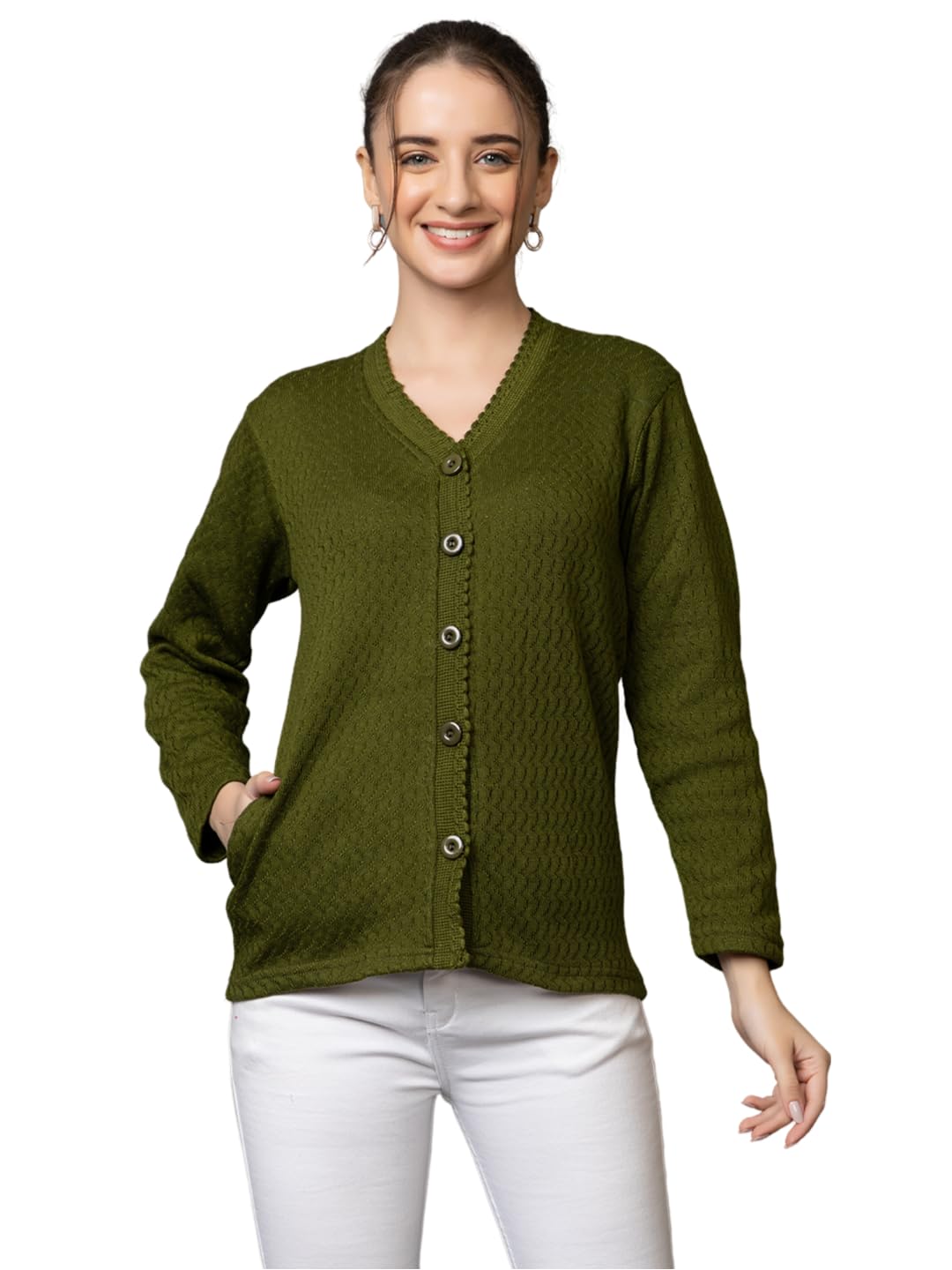 wear lusso Women's Woolen V-Neck Buttoned Full Sleeve Cardigan Self Design Soft Wool Fabric Winter Wear Pure Wool Sweater with Pockets Stylish Outdoor and Office Wear Girls-picture-27