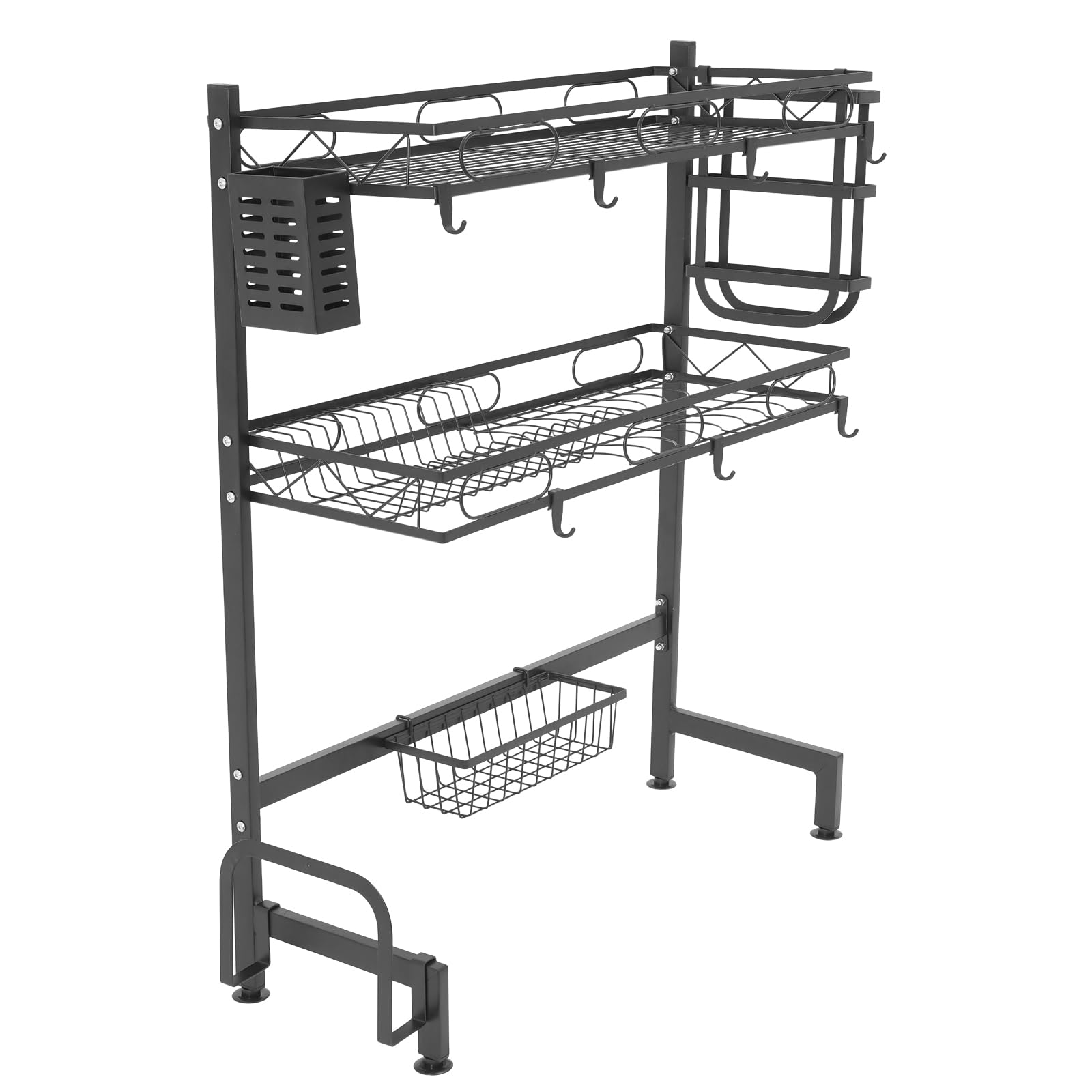Geschirr Abtropfgestell Über Spüle 2 Ebenen 10 Kg Pro Ebene Karbonstahl Mit Messerhalter Schneidebrettablage Besteckkorb Haken Verstellbare Anti-Rutsch-Saugnäpfe 2 Breiten Wählbar 62cm (82cm)