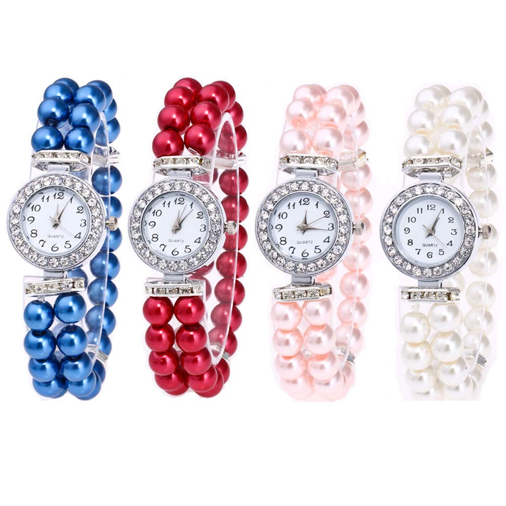 Weicam4pc Women Elegant Crystal Pearl Bracelet Analog Quartz Wrist Watch Wholesale Watches, Quartz Movement