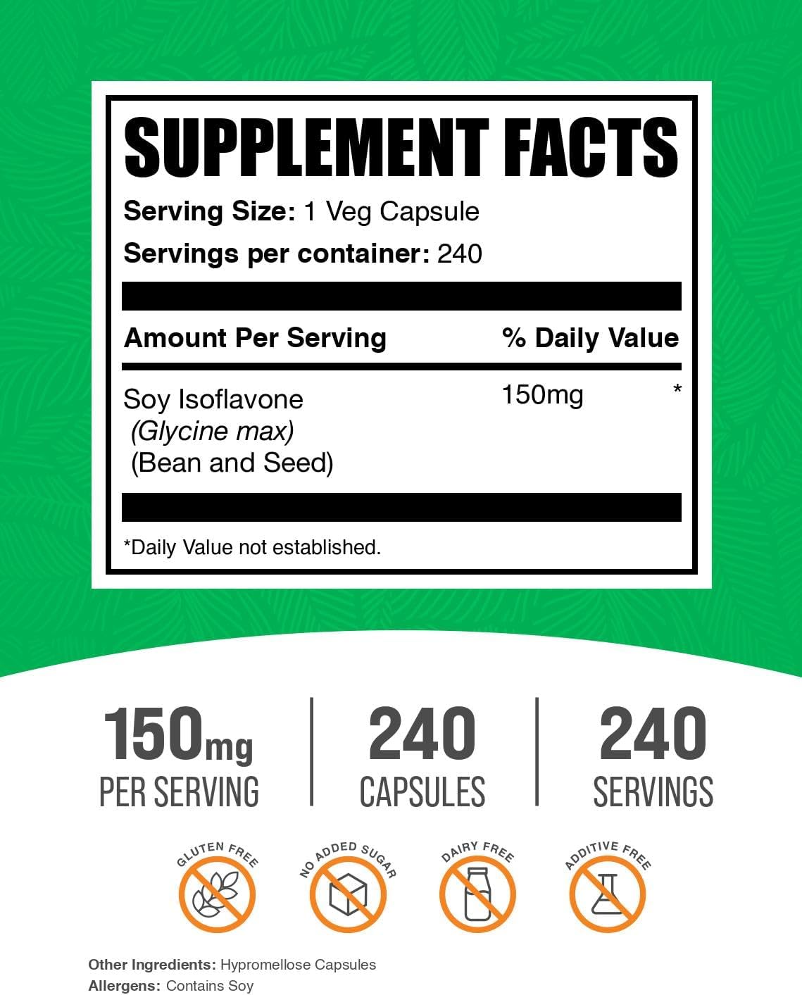 BulkSupplements.com Soy Isoflavones Capsules - Soy Isoflavones Supplement - Vegan & Gluten Free, 1 Capsule per Serving (150mg), 240 Count (Pack of 1) - Image 2
