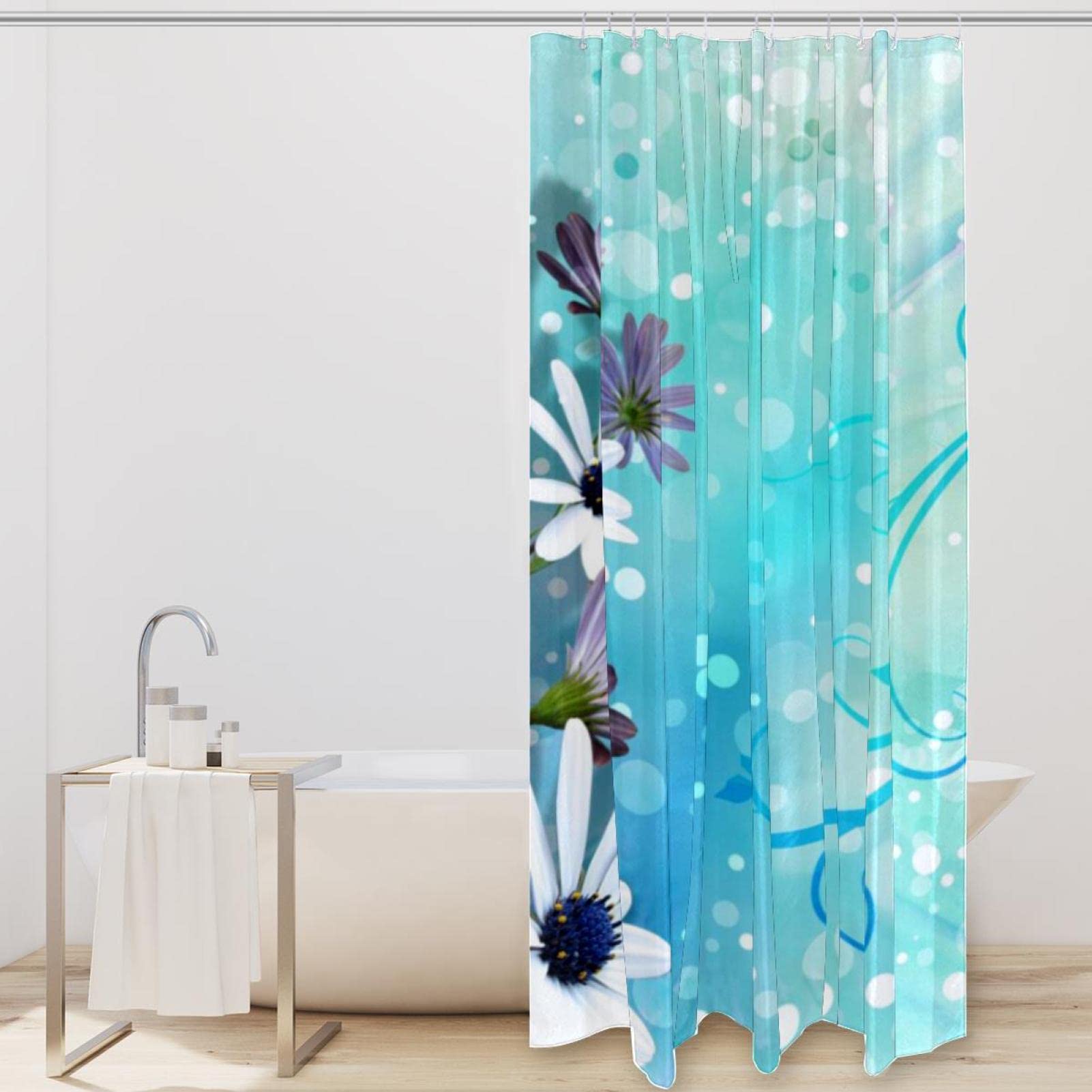 Cinbloo Tenda Doccia In Tessuto Blu E Argento 152x182 Cm – Set Con 12 Ganci – Fantasia Fiori E Profumi – Decorazione Bagno Moderna