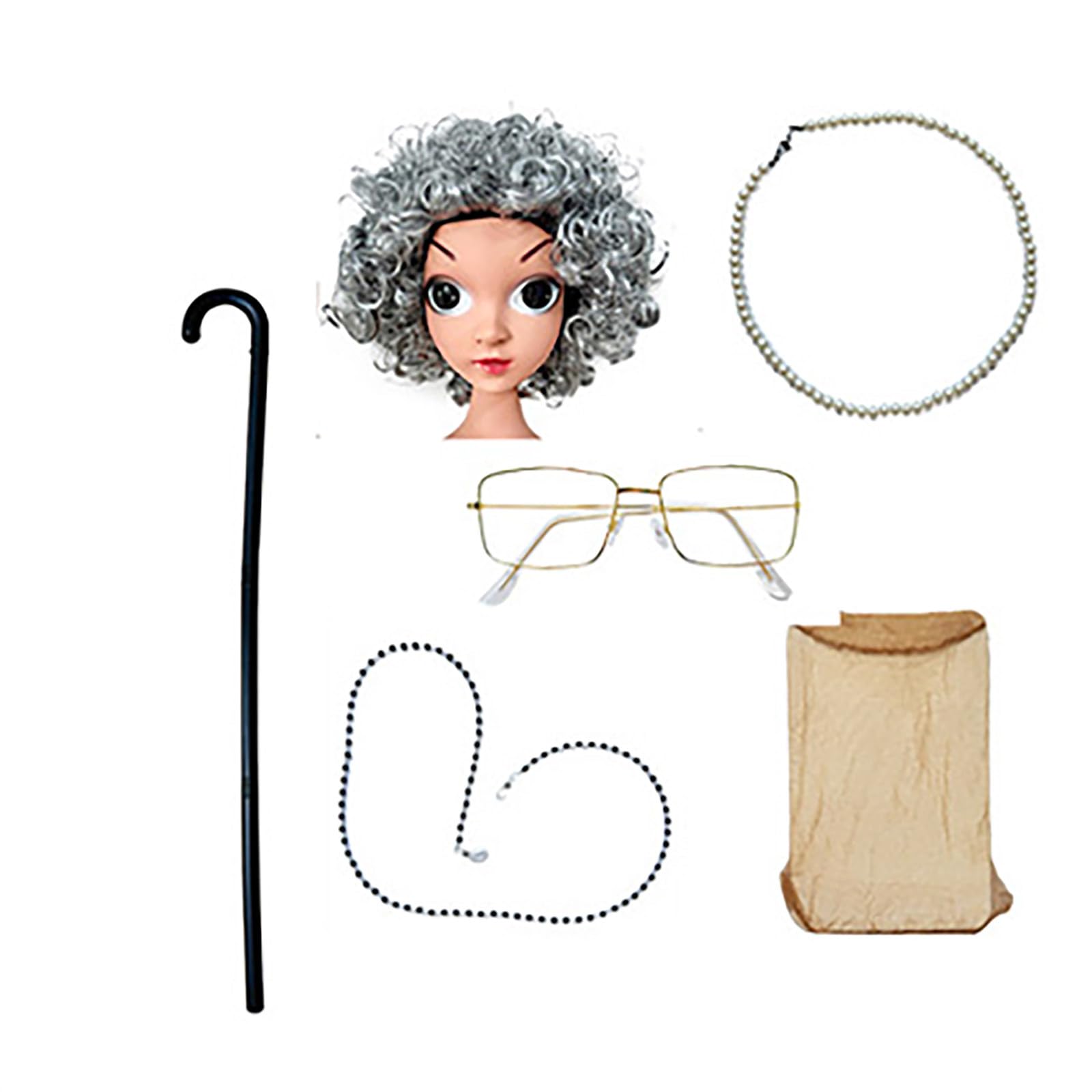 7PCS Old Lady Fancy Dress Set, Old Lady Costume, Granny Costume Accessories With Wig Hairnets Glasses Necklace Earrings Bracelet For Halloween Carnival Cosplay Masquerade