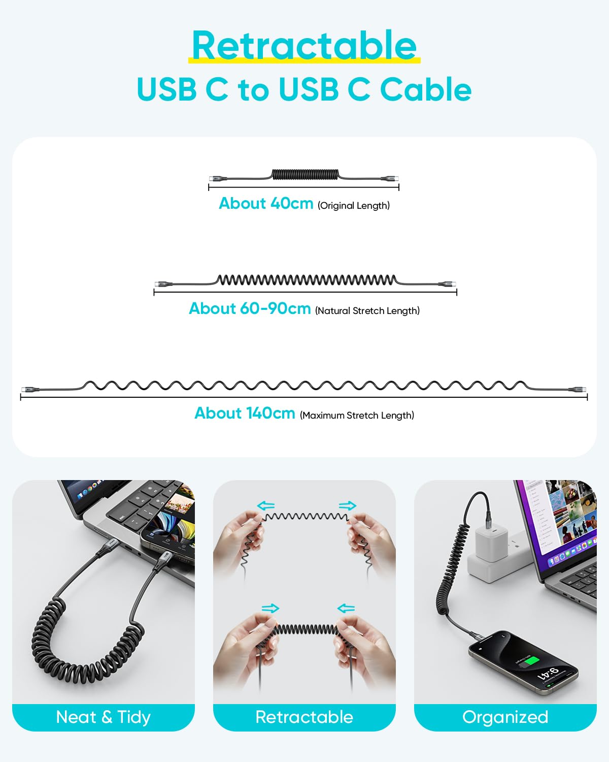 SUNGUY Cavo USB C USB C Spirale, 60W Cavo USB Type C Ricarica Rapida,【0.4M-1M】 Cavo USB Type-C per Android Auto, iPhone 15 Pro Max Plus, Galaxy S24/ S23, Google Pixel, xiaomi, iPad Pro, MacBook Pro