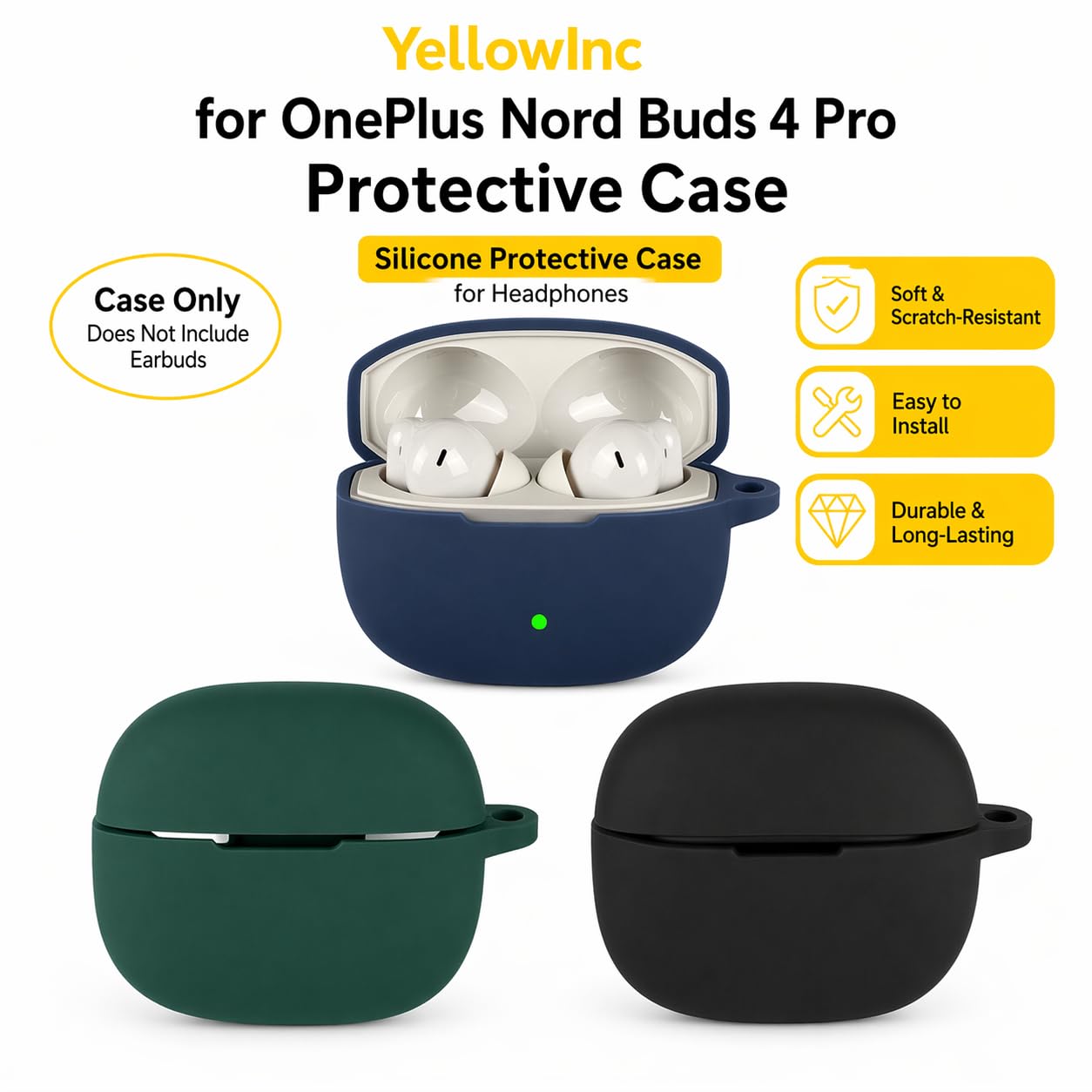Silicone Case for OnePlus Nord Buds 4 Pro TWS Earbuds, Shockproof Cover with Heavy Duty Carabiner, LED Visible (Black) — Amazon image 4