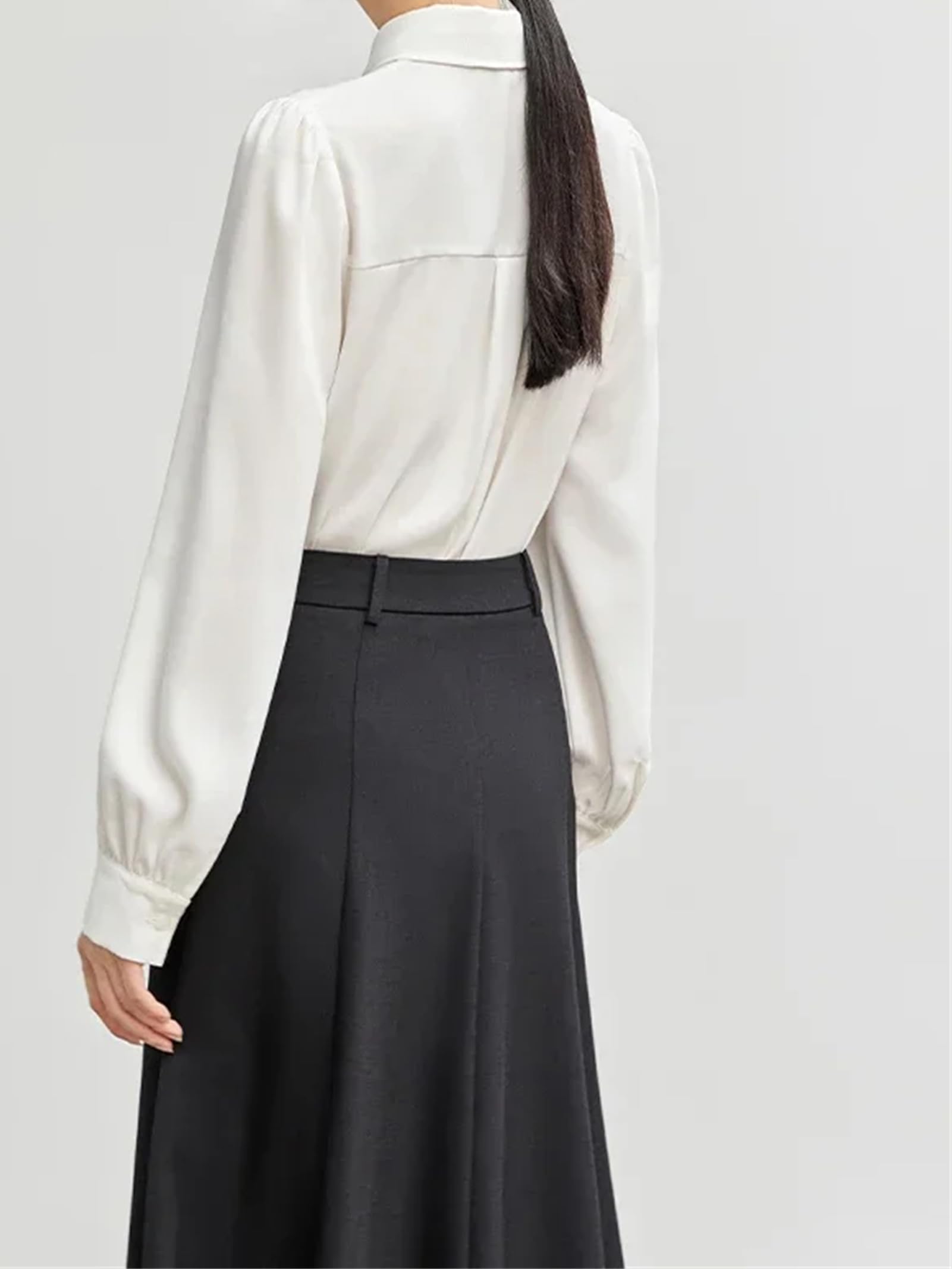 Blusa blanca de manga larga para mujer, informal, con solapa, color liso