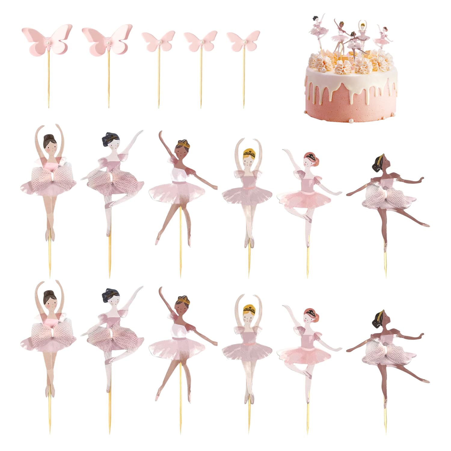 Plldvefd Girls Pink 24 Pieces Ballet Card Inserts And 5 Pieces Butterfly Card Inserts, Cake Decorations, Cute Cake Plugins, Party Supplies.