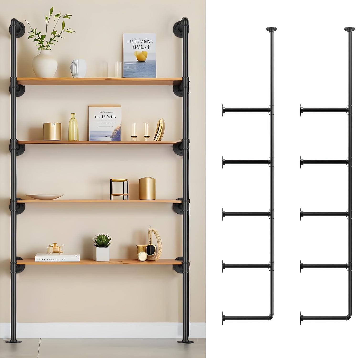 Industrial Wall Mount Iron Pipe Shelf Shelves Shelving Bracket Black Vintage Retro DIY Open Bookshelf Brackets Rustic Farmhouse Kitchen Storage (2 Pcs 5 Tier 68" Tall,10" Deep 3/4" Hardware Only)