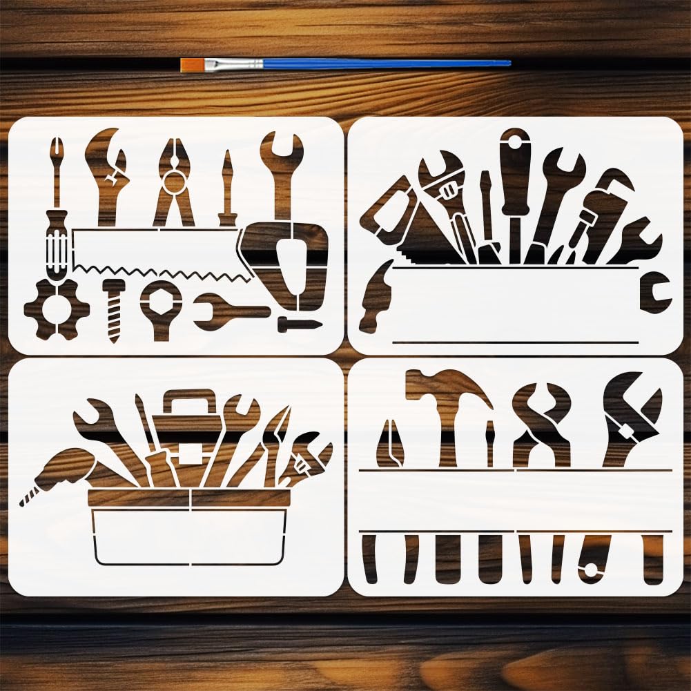 FINGERINSPIRE 4PCS Tools Stencils 29.7x21cm with a Brush Mechanical A4 Tools Stencil Frame Everyday Signboard Drawing Template for Father's Day Celebration DIY Crafts and Home Decor