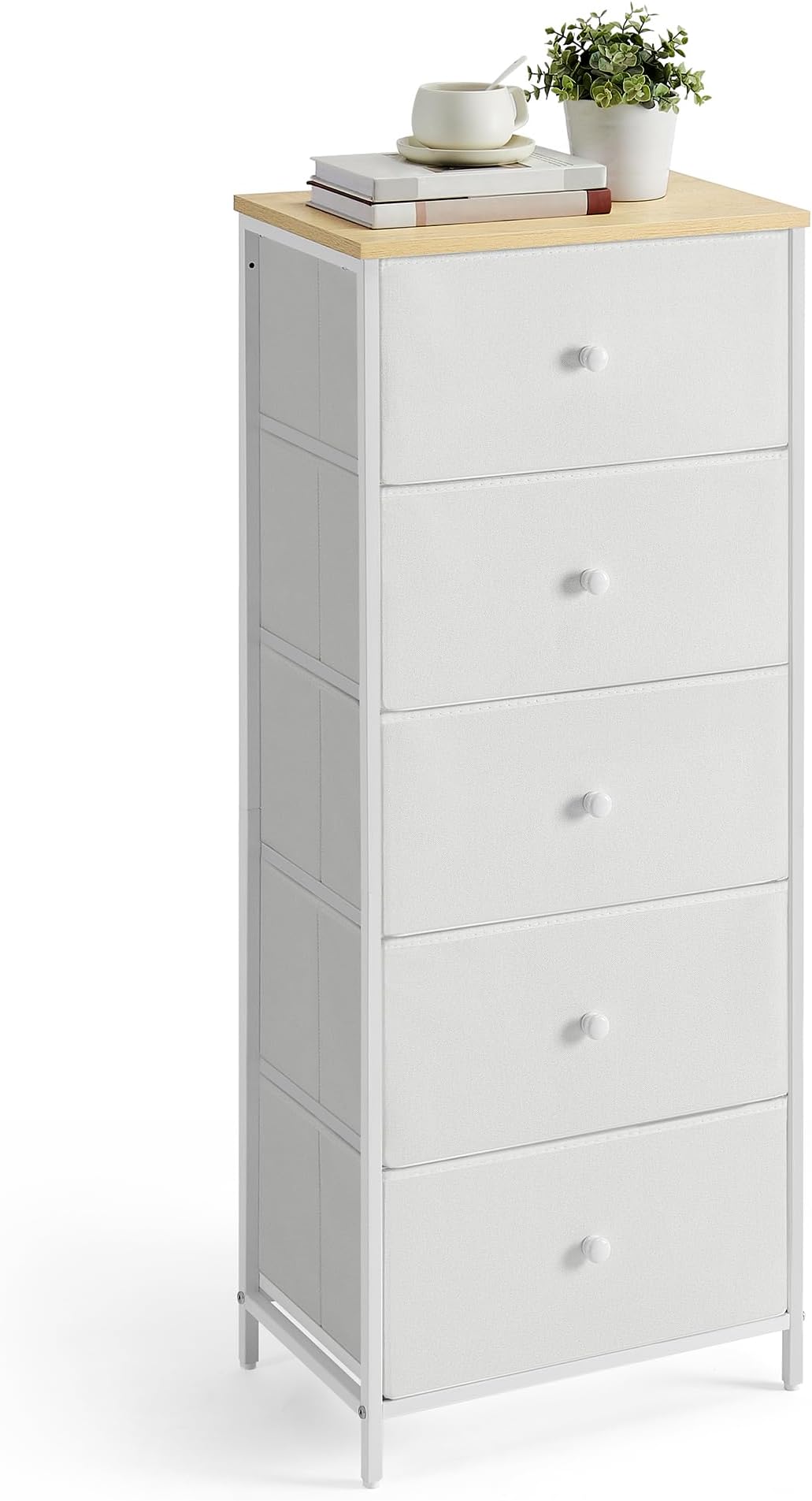 SONGMICS Chest of Drawers Bedroom, Drawer Storage Unit, Dresser with 5 Fabric Drawers, Metal Frame, Tall and Slim, for Closet, Camel Yellow and Cream White LTS315W01