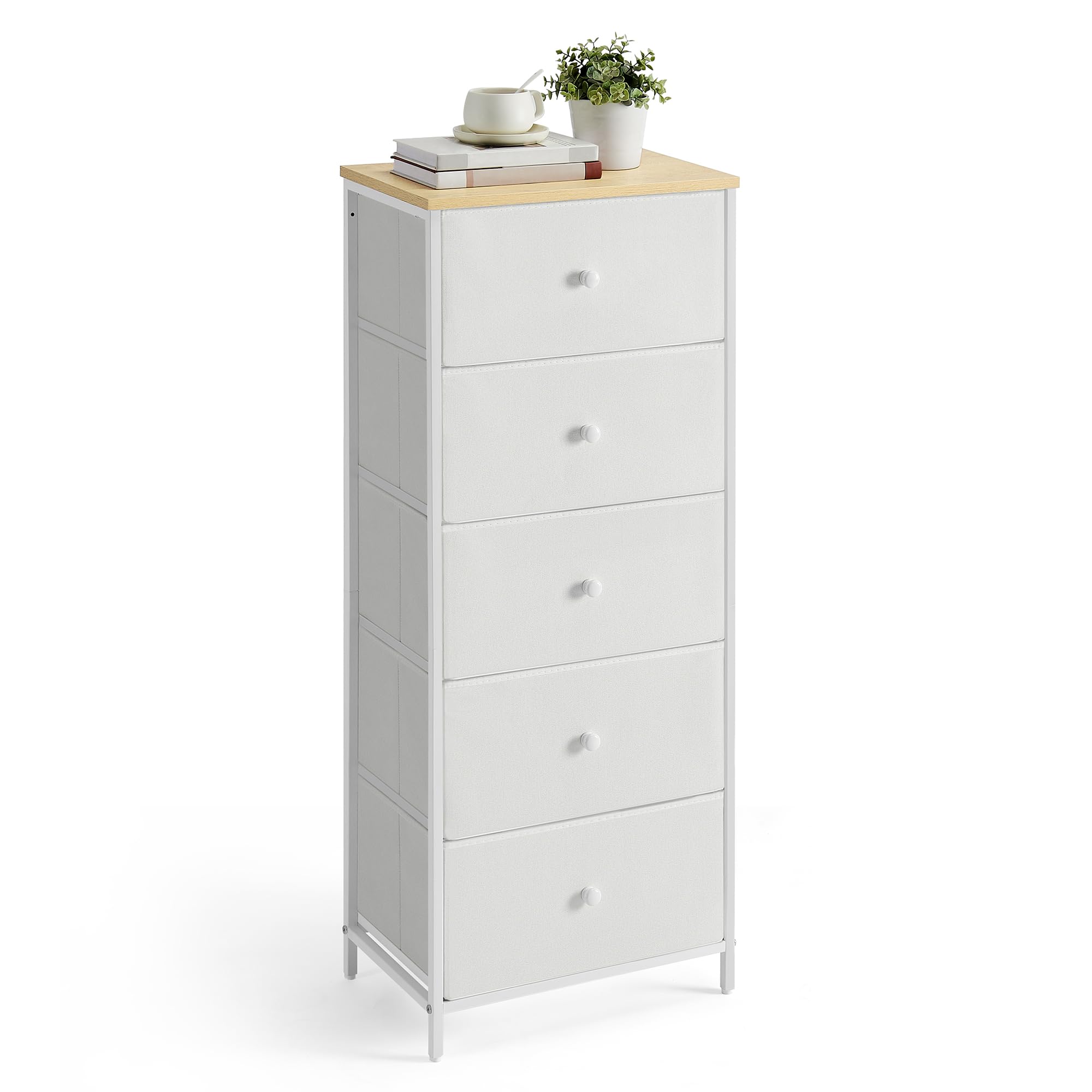 SONGMICS Chest of Drawers Bedroom, Drawer Storage Unit, Dresser with 5 Fabric Drawers, Metal Frame, Tall and Slim, for Closet, Camel Yellow and Cream White LTS315W01