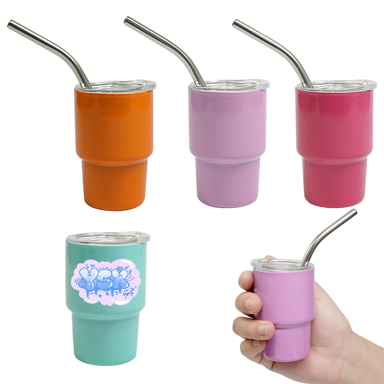 S-SNAIL-OO Mini Tumbler Shot Glass with Straw, Sublimation Double layer metal Cute Shot Glasses Set 3oz with Lids for drinks, coffee, cocktails. (3PCS-B)