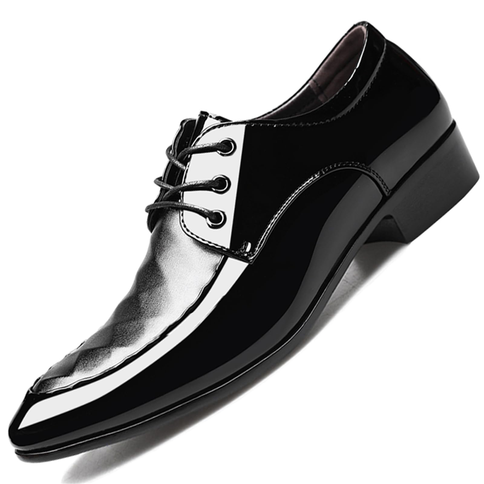 Men's Shiny Patent Leather Dress Shoes Formal Business Casual Oxford Trendy Plaid Upper Tuxedo Shoes for Men