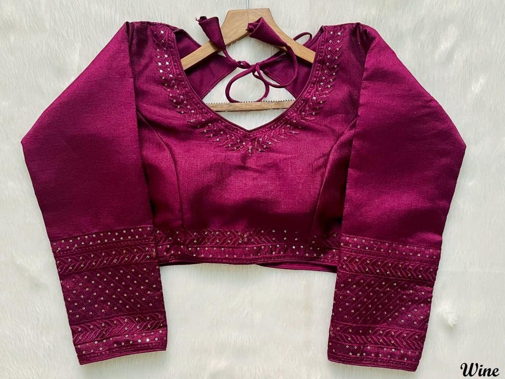 Pujia Mills Milan Silk Full Sleeve V Neck Multi Embroidery Trendy Saree Blouse(Rukmini Wine 42) 1
