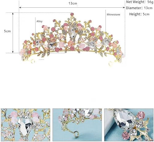 Miniatura 3 de Tiara de cristal rosa para niñas, disfraz de princesa con diamantes de imitación, diadema de corona de diamantes de imitación, accesorios para el