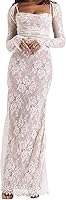 Zebaexf Women's Vintage Cream Lace Maxi Dress - Romantic Long Sleeve Bodycon Formal Gown