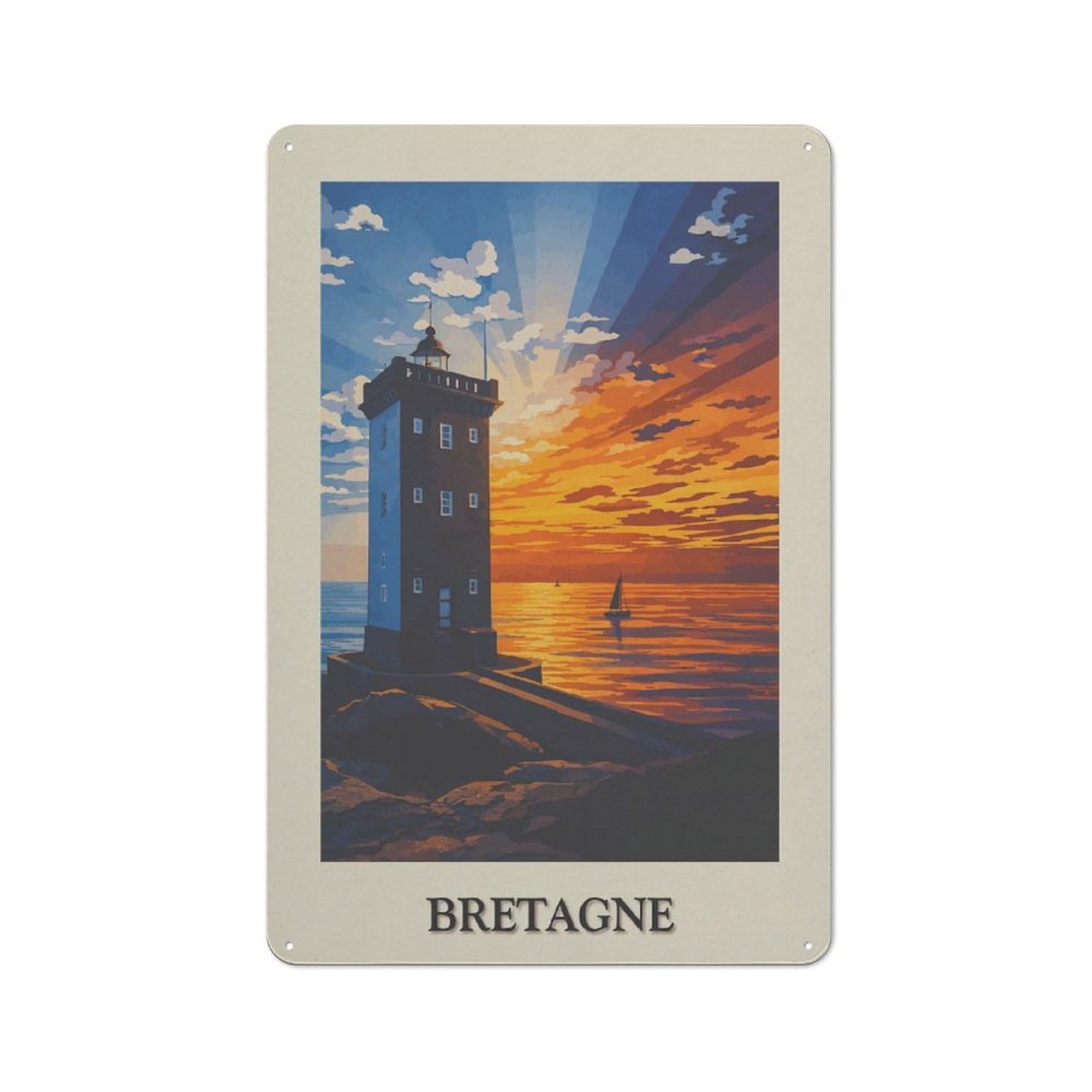 Junmoney Style-17 Vintage Tin Sign 30X20cm With Bretagne Lighthouse Sunset For Hallway Wall, For Home Interiors, Feature Walls And Decorative Displays
