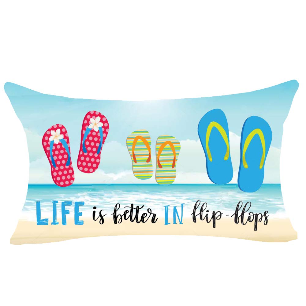 NIDITW Nice Summer Gift Beach Palm Tree Flip Flop Wishing Bottle Starfish Boat Cotton Linen Throw pillow case Cushion cover for Sofa home decorative Square 18x18 Inches