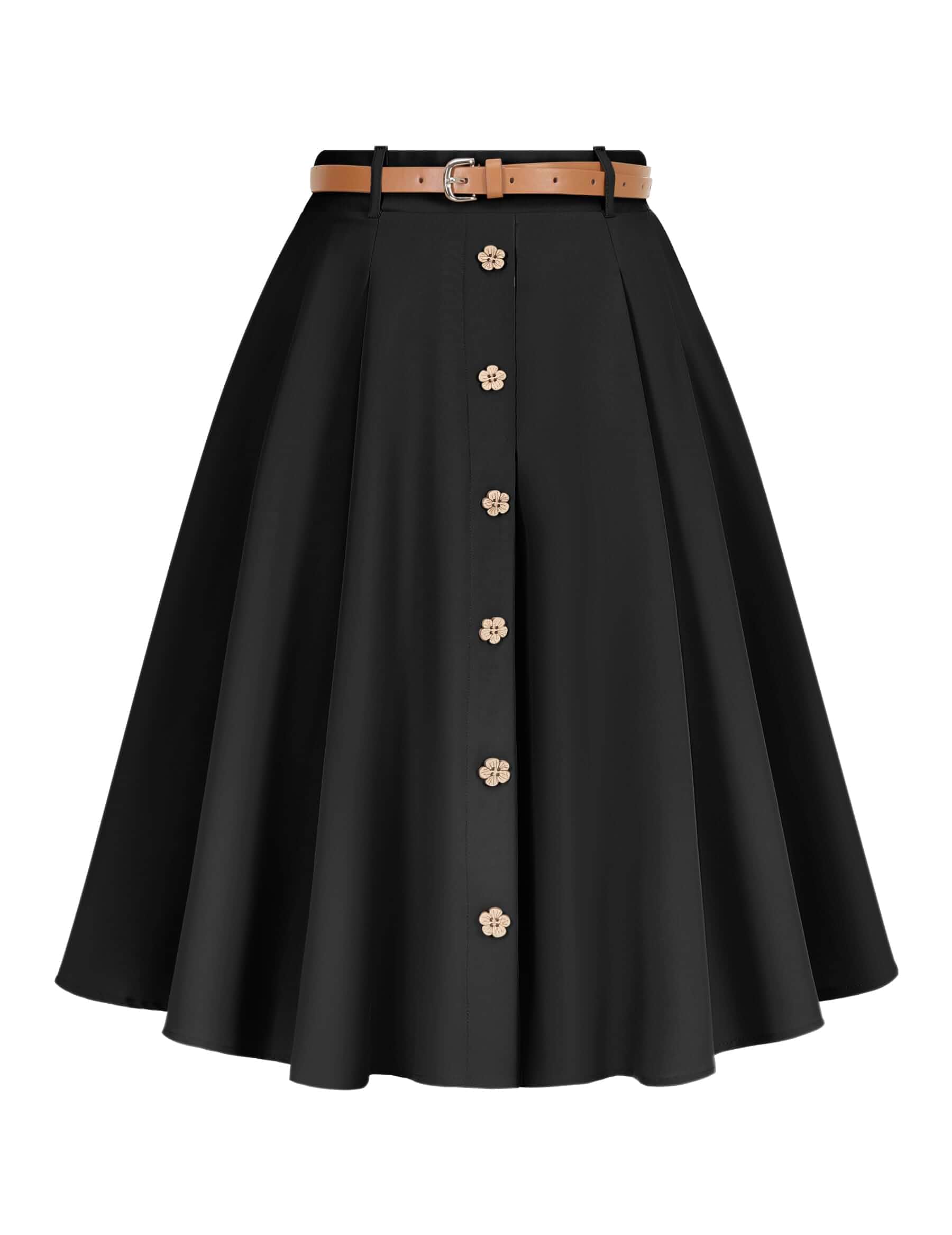 Wedtrend Vintage Skirts for Women Pleated Midi Skirt Button Down Work Skirts A Line Skirt with Belt&Pockets