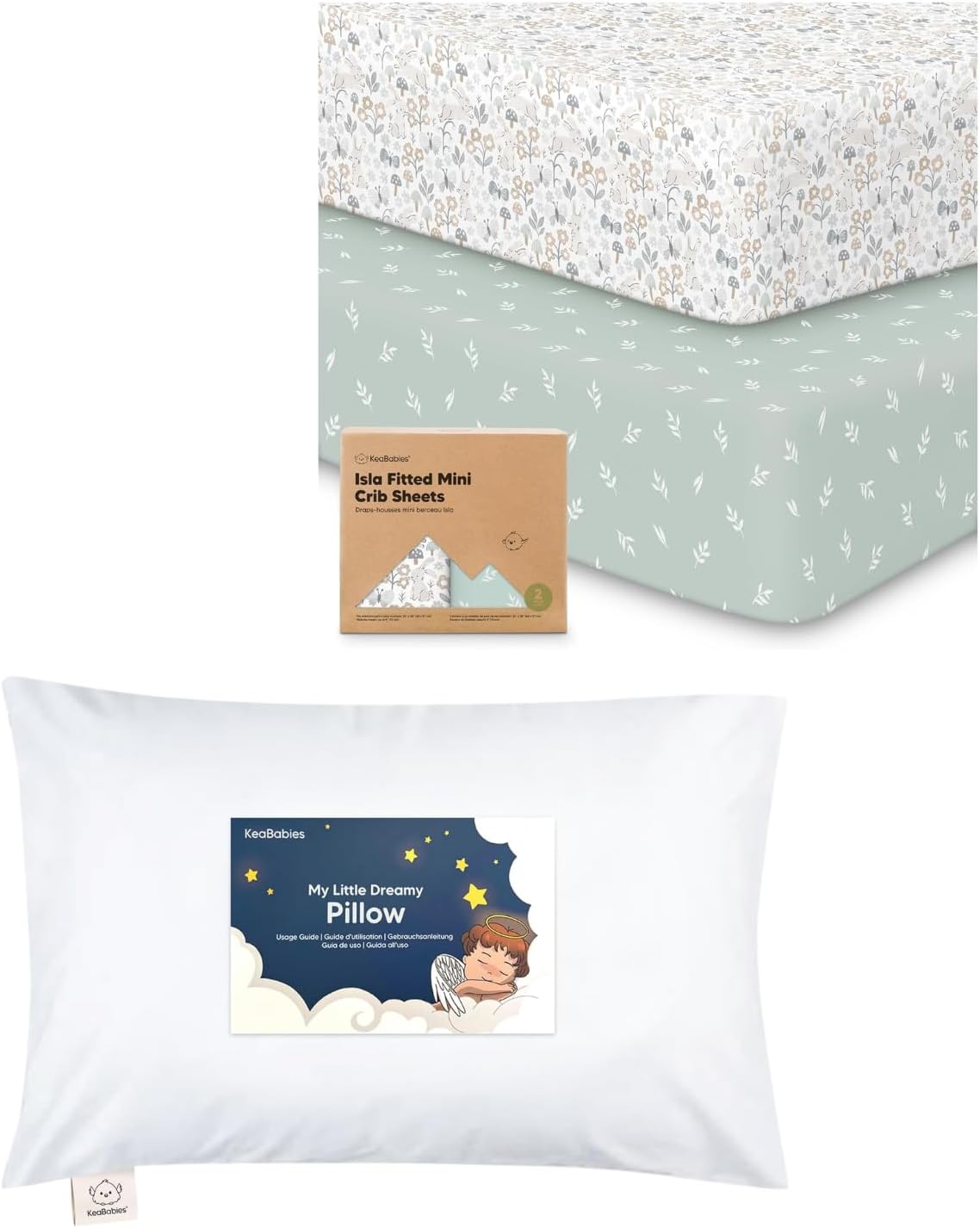 Keababies Pack and Play Sheets Fitted, 2-Pack Mini Crib Sheets and Toddler Pillow with Pillowcase - Fitted Crib Sheet for Pack and Play Mattress - 13X18 Soft Cotton Toddler Pillows for Sleeping