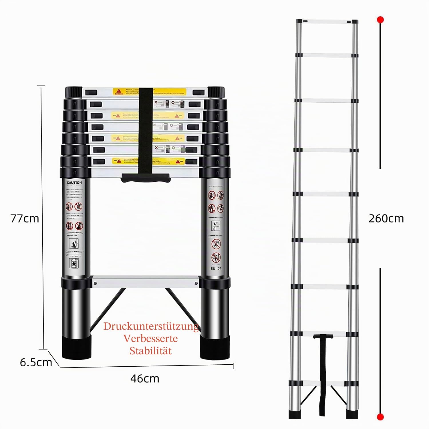 Teleskopleiter 2,6m, Einziehbare Leiter aus Rostfreiem Stahl, TragfäHigkeit 150kg, Geeignet FüR Die Instandhaltung des Hauses, Den Zugang Zum Dachboden, Den BAU Usw.