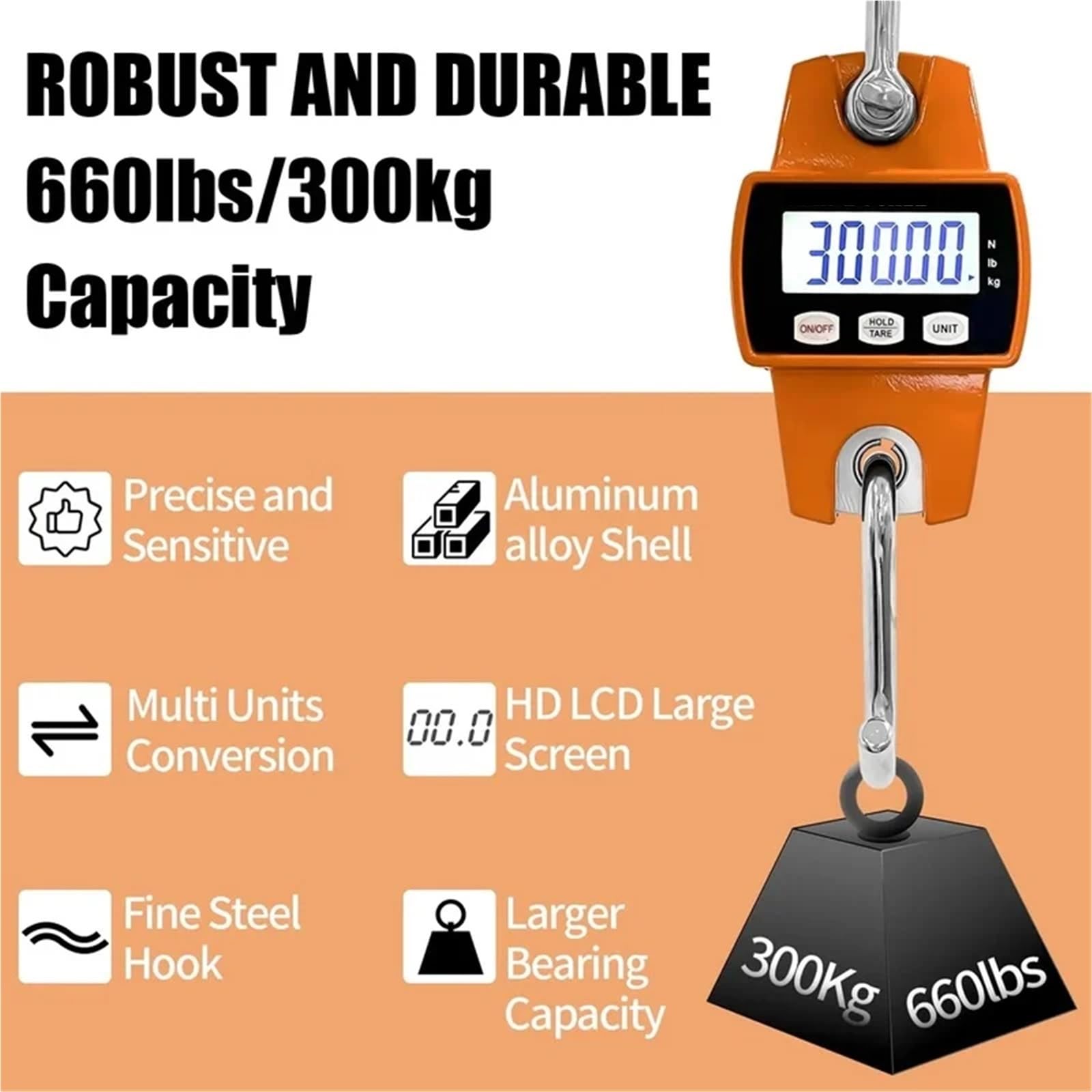 Báscula de grúa digital, Báscula colgante digital de 300 kg, minibáscula de grúa con ganchos for granja, caza y pesca.(Oranje)