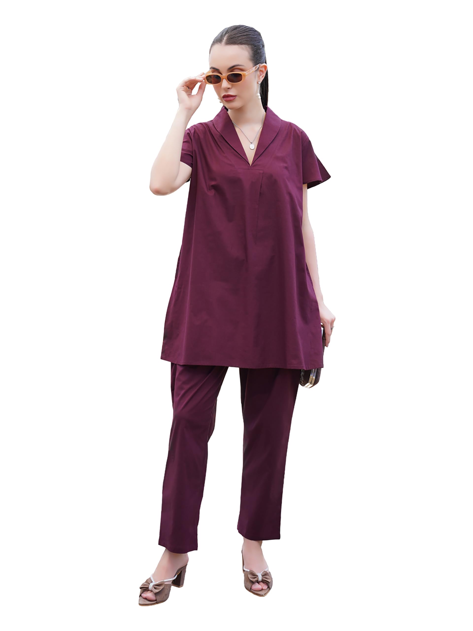 Women Solid Cotton V-Neck Collared Tunic & Trouser Co-Ord Set for Women | Short Sleeves & Elasticed Waistband Bottom | Casual Wear Outfit | L, XL, XXL, 3XL-image-17