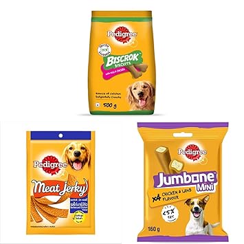 Pedigree Biscrok Biscuit Treats for Dogs, Milk & Chicken Flavour, 500g & Meat Jerky Treats for Dogs, Barbecued Chicken Flavour, 80g Pouch & Jumbone Mini Treats, Chicken & Lamb Flavour, 4 Treats, 160g