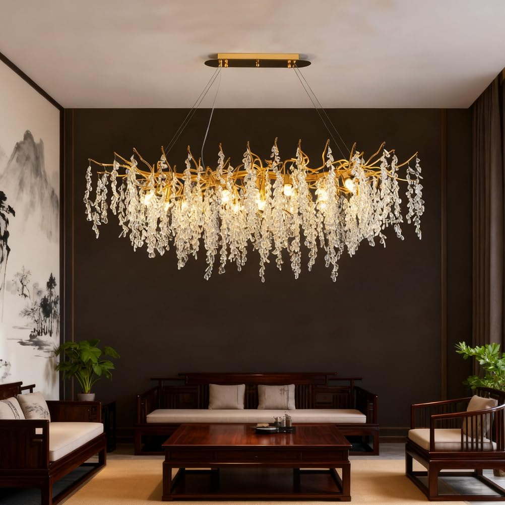 KXEcoLife Modern Crystal Chandelier Tree Branch Crystals Ceiling Light Fixtures Large Rectangular Chandeliers for Living Room, Dining Room Over Table Lights Fixture,L00cm
