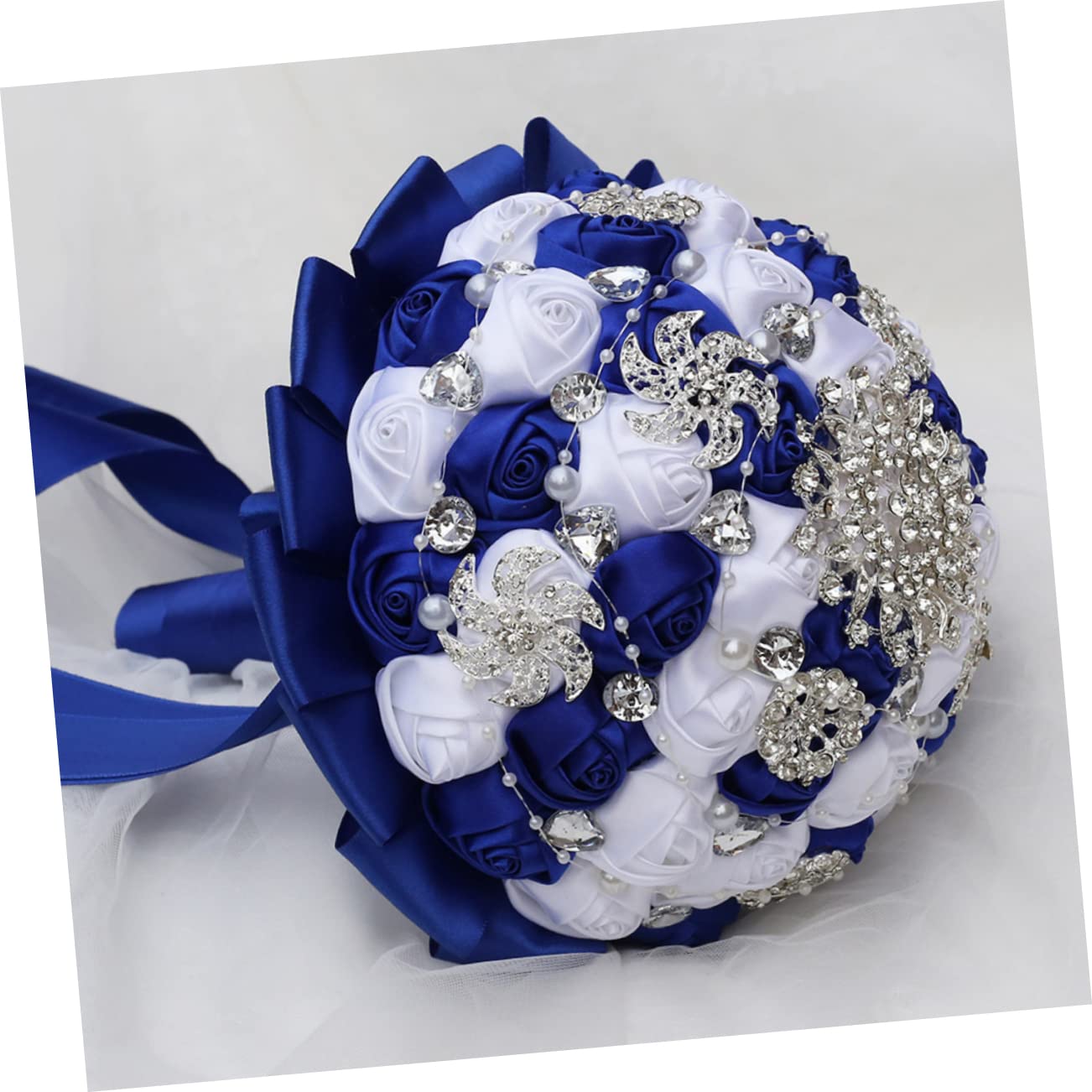 Cabilock Brautstrauß Schleife und Strasssteinen Weiß Blau als Brautblumen und Hochzeitsdeko Geeignet für Wohnzimmer Schlafzimmer und Hochzeit