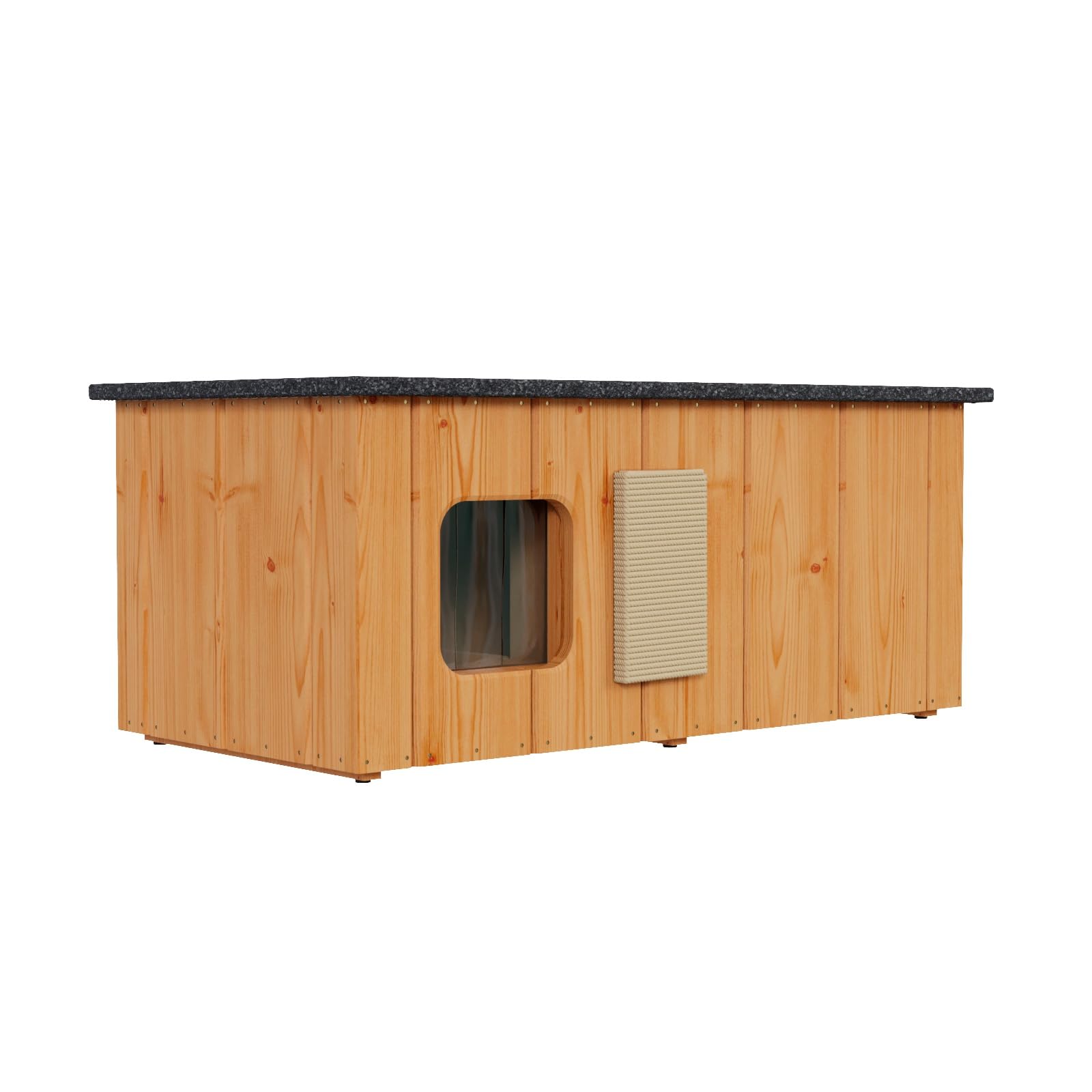 QLS Katzenhaus aus Holz mit Vorraum isoliert 86 x 47 cm Teak | Mit Hauptkammer, Vorraum, aufklappbarem Dach und 2 cm Styroporisolierung. Inklusive Sisal-Kratzbrett und Lamellenvorhang
