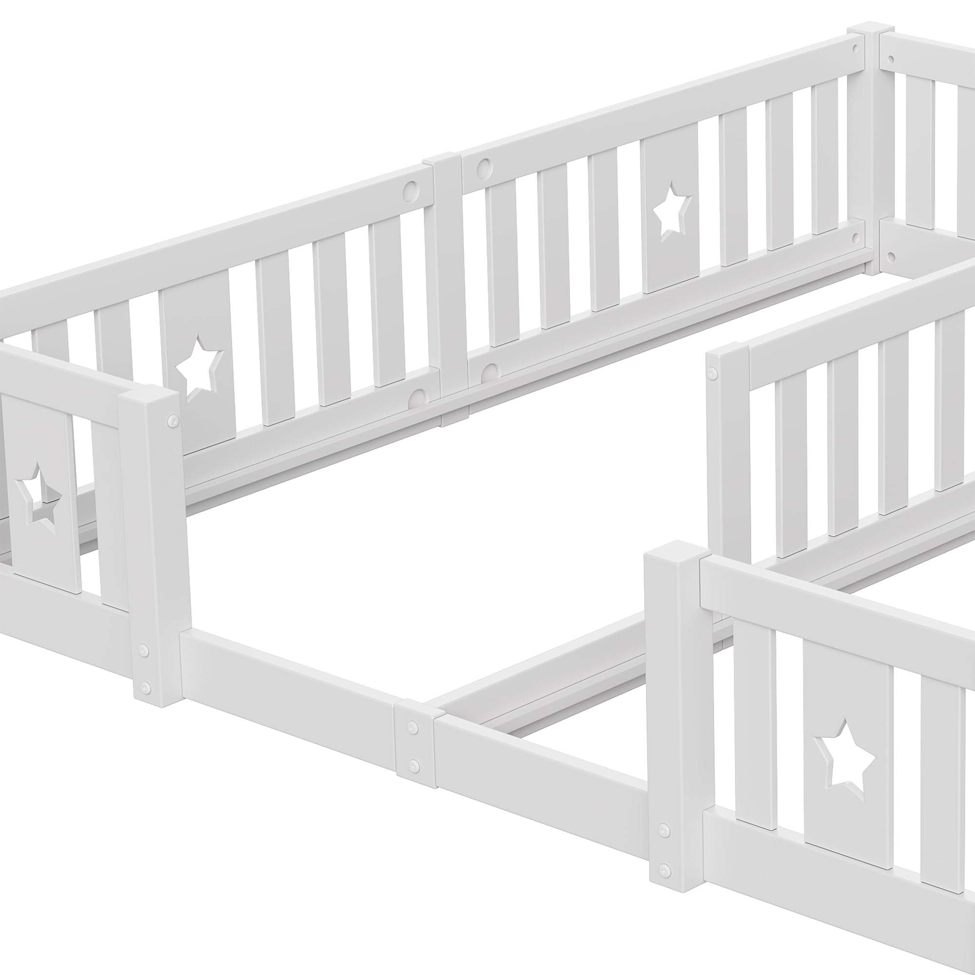 Montessori Cama infantil doble 2 x (90 x 200 cm), marco de madera con barrera de seguridad para 2 niños, color blanco y sin somier de láminas)