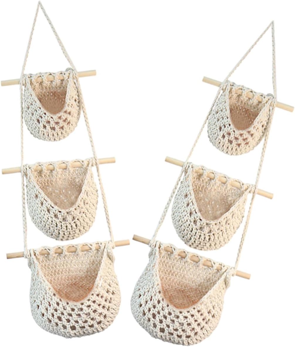 KICHOUSE 2pcs Bohemia Style Wall Hanging Fruit Basket Woven Mesh Organizer for Kitchen Storage Rope Design for Fruits and Vegetables Space-saving