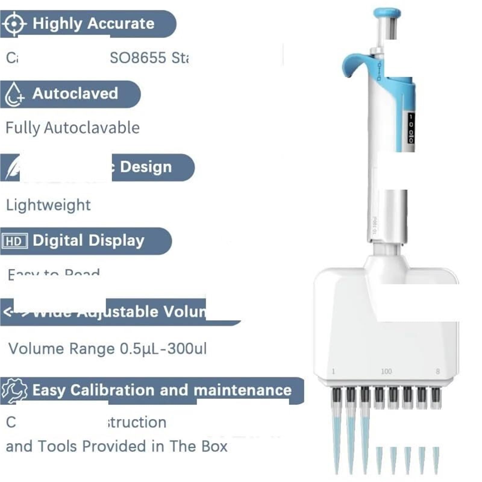 Pipetten Pipette, Mikropipette, Verstellbar, 10–100 Μl/30–300 Μl, Vollständig Manuell, 8-Kanal-Labor,Labor(8 Channel 5-50ul)