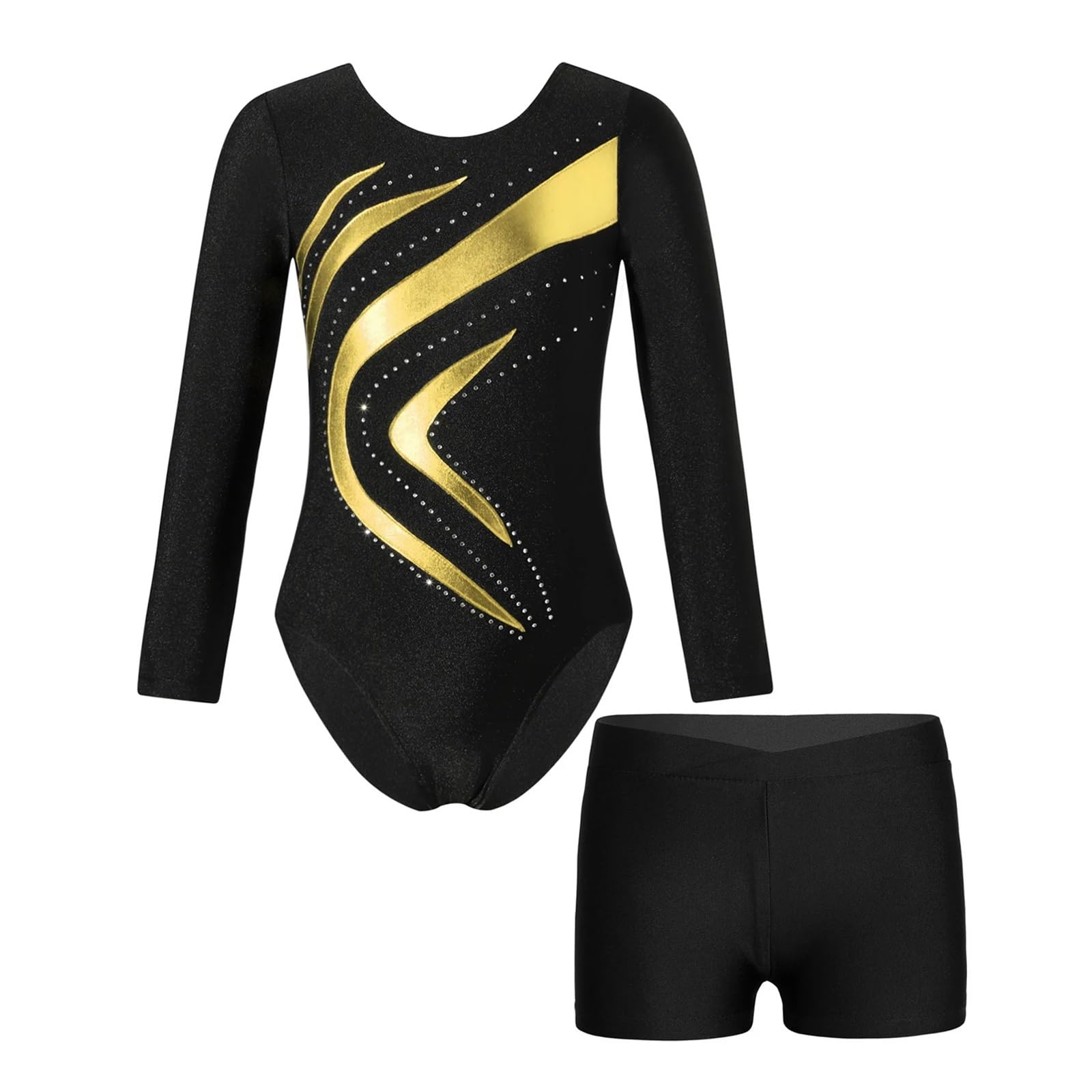 Maillot Gimnasia Ritmica Body de Leotardo de Gimnasia de retales for niños, Conjuntos de Ropa de Baile de Manga Larga, Traje de Ballet for niñas, Mono de Patinaje artístico(Gold,12)