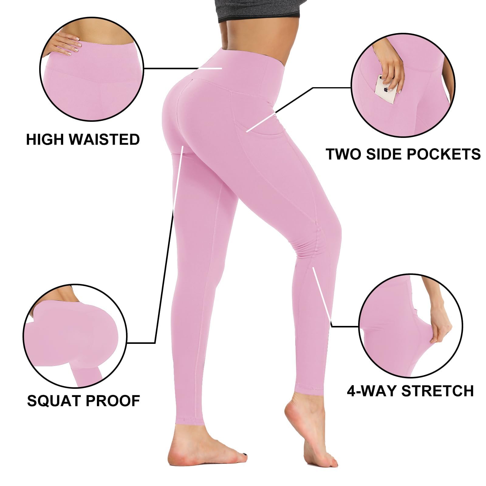 GAYHAY High Waist Yoga Pants with Pockets, Leggings for Women Tummy Control Compression Workout Leggings for Women: 25“ Inseam X-Large Vita Pink