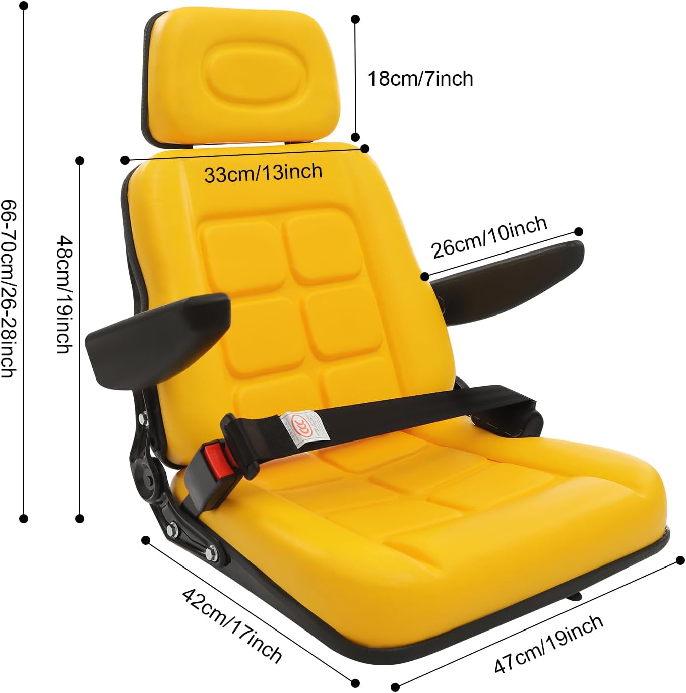 Universal Tractor Seat, Adjustable Forklift Seat with 180 Degree Backrest, PVC Tractor Seat with Self-rebounding Safety Belt, Lawn Mower Seat with Adjustable Armrest and Headrest for Excavator, Yellow