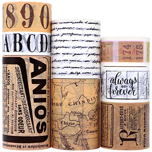 IEEDYYE Washi Tape, 8Rouleaux Vintage Washi Masking Tape, Bandes Adhésives,Ruban Adhésif Papier, Rétro Masking Tape Adhésif Ruban adhésif pour DIY décoration Fournitures/Scrapbooking.