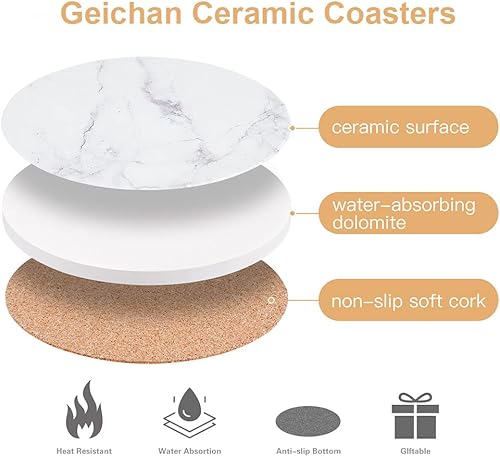 Miniatura 5 de Posavasos para bebidas, posavasos de mármol blanco y redondo absorbentes con soporte, juego de 6 posavasos para protección de mesa de café