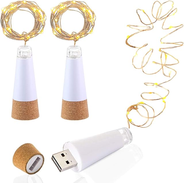LED Bottle Cork Lights, USB Powered Rechargeable, 6.2ft(1.9m) Copper Wire with 20 LED Starry String Lights, for DIY Decor Outdoor BBQ Gathering Party Wedding Holiday (3pcs, Warm White)