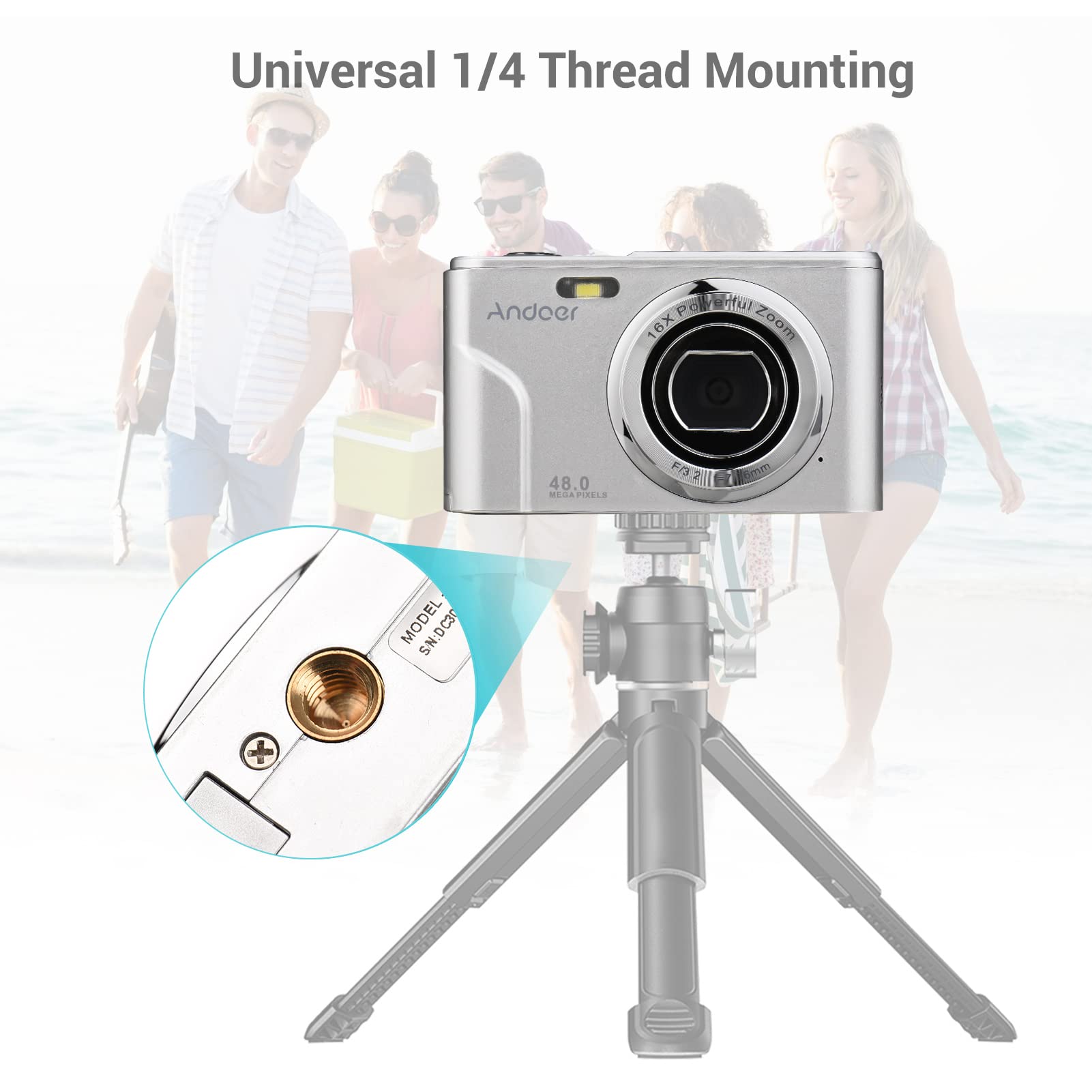 Andoer Przenośny aparat cyfrowy 48 MP 1080p 2,4" IPS 16X zoom 16X samowyzwalacz autofokusowy 128 GB rozszerzona pamięć wykrywanie twarzy zapobiegający wstrząsom z 2 bateriami Pasek do noszenia