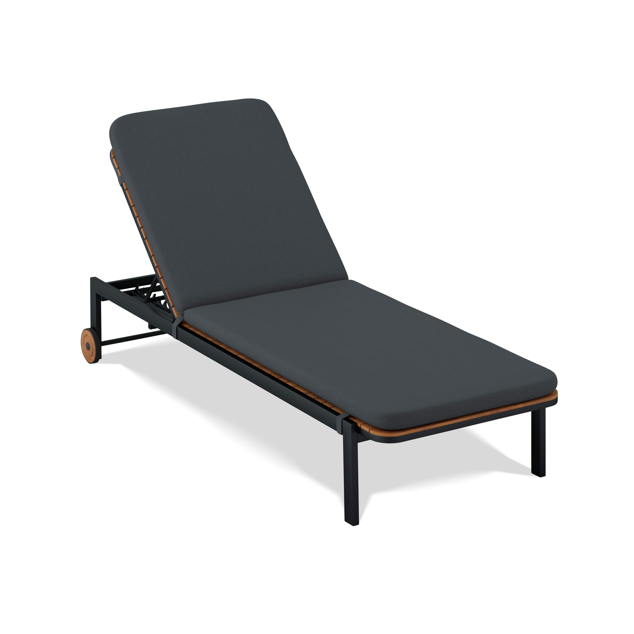 KHG Sdraio da giardino con cuscino, grigio scuro, con ruote, per balcone, terrazza o giardino, con schienale regolabile, struttura in alluminio, superficie di appoggio in acacia, resistente alle