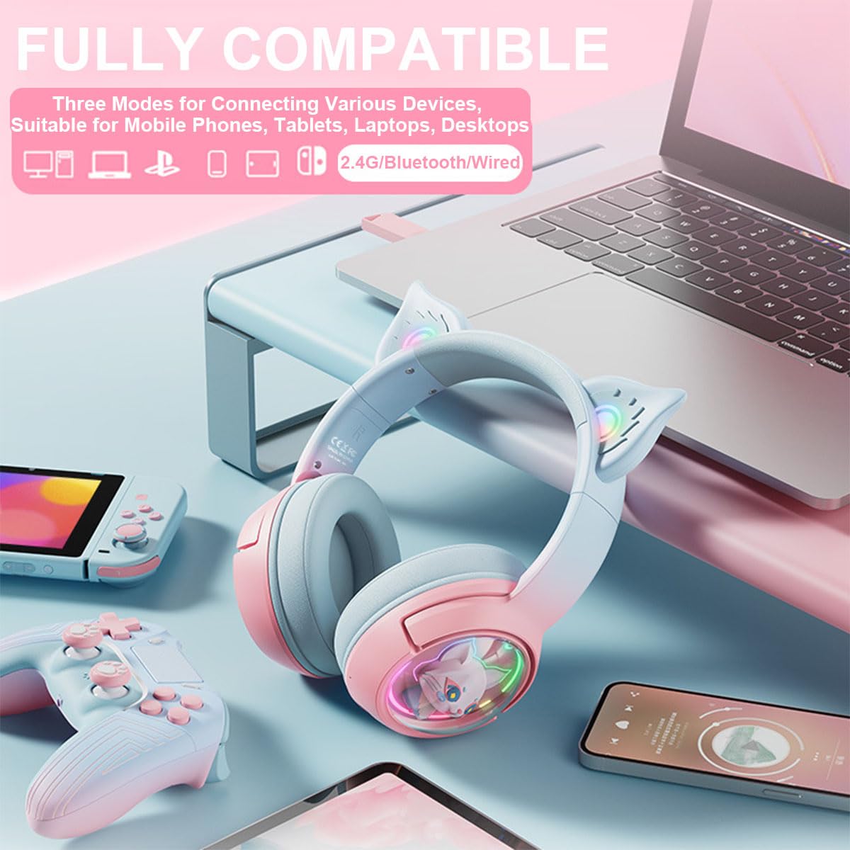 Casque Bluetooth sans Fil avec Oreilles de Chat - avec Microphone - avec lumière LED RVB - 2,4 GHz - USB-avec Oreilles de Chat - Son stéréo HD - pour PC, TV, Tablette