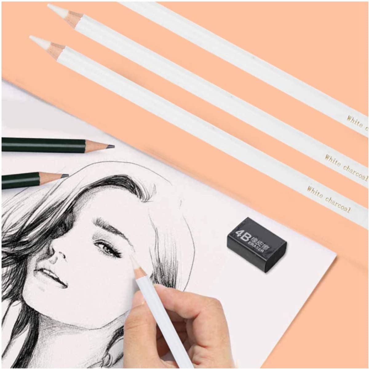 Matite Bianche Carboncino 3 Pezzi - Per Schizzi E Disegno Artistico Su Carta Scura - Foto 8